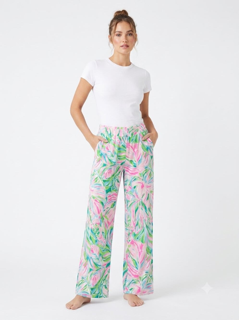 Lilly Pulitzer Lounge Pants Womens XL Pink Tropical Palm Wide Leg Elastic waist
